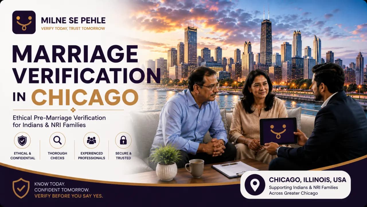 Indian and NRI families discussing marriage verification in Chicago before finalizing a marriage proposal