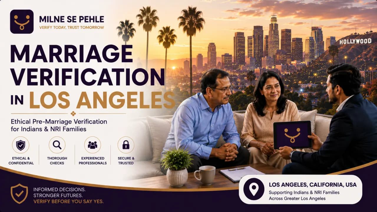 Indian and NRI families discussing marriage verification in Los Angeles before finalizing a marriage proposal