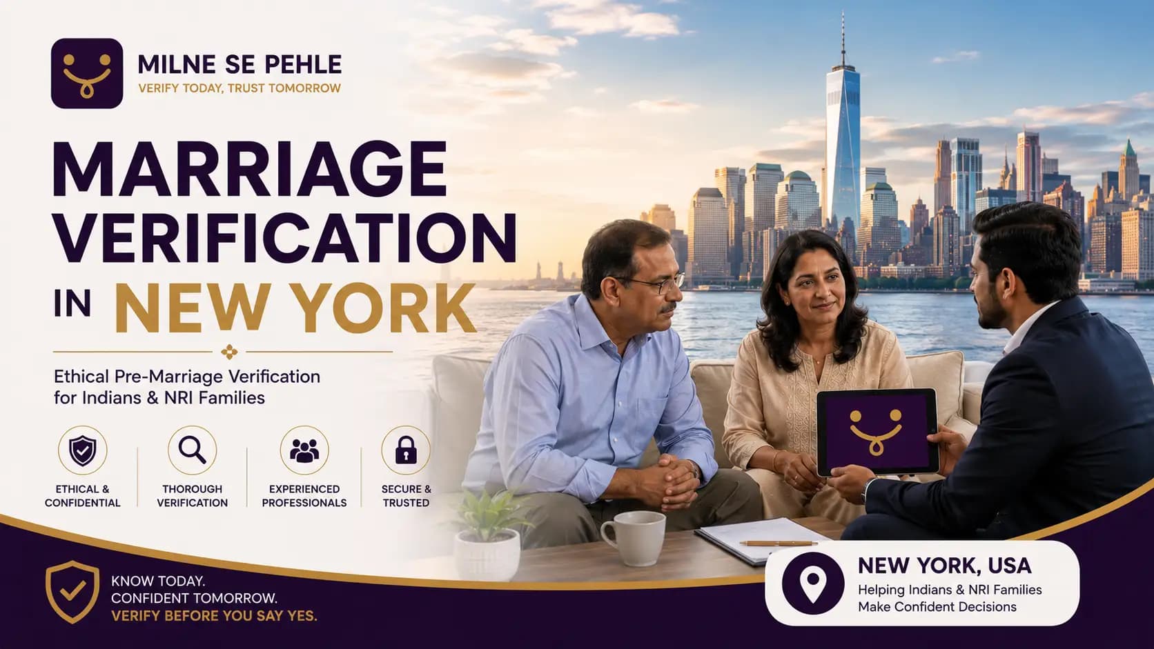 Indian and NRI families discussing marriage verification in New York before finalizing a marriage proposal