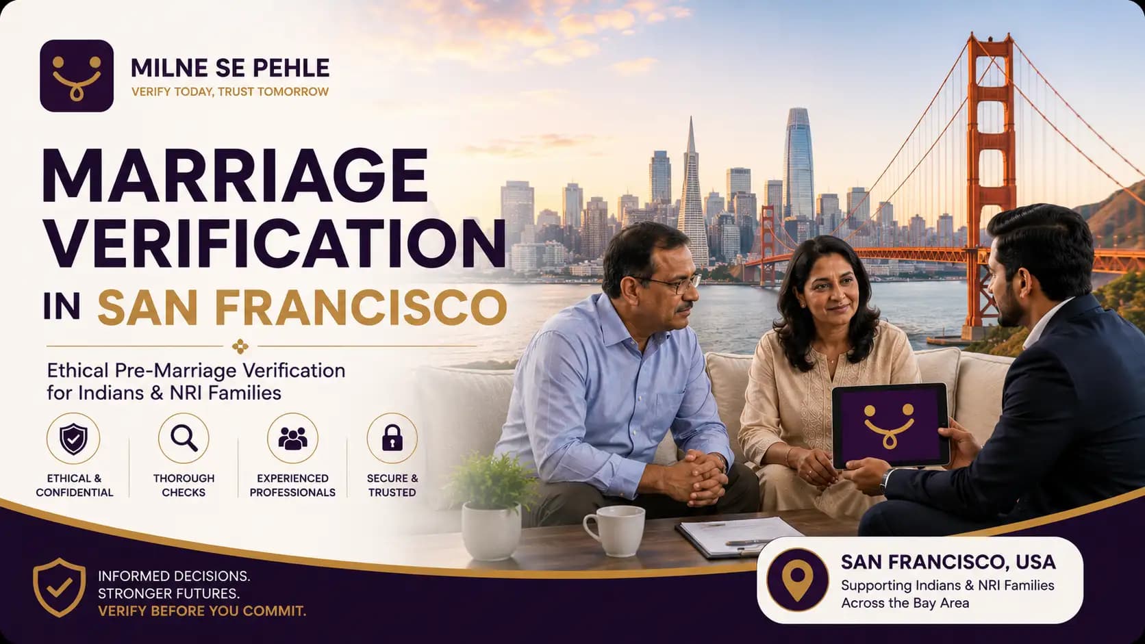 Indian and NRI families discussing marriage verification in San Francisco before finalizing a marriage proposal