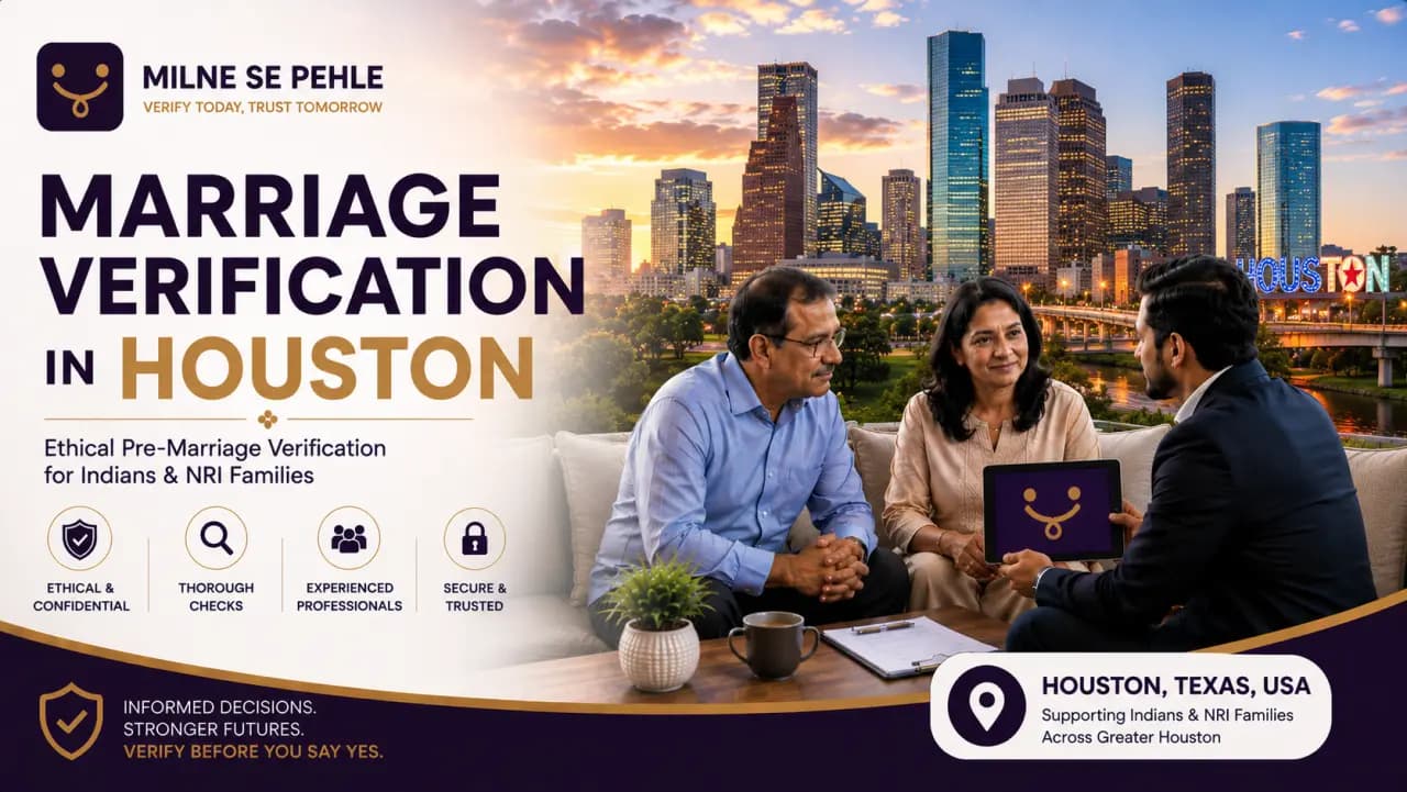 Indian and NRI families discussing marriage verification in Houston before finalizing a marriage proposal