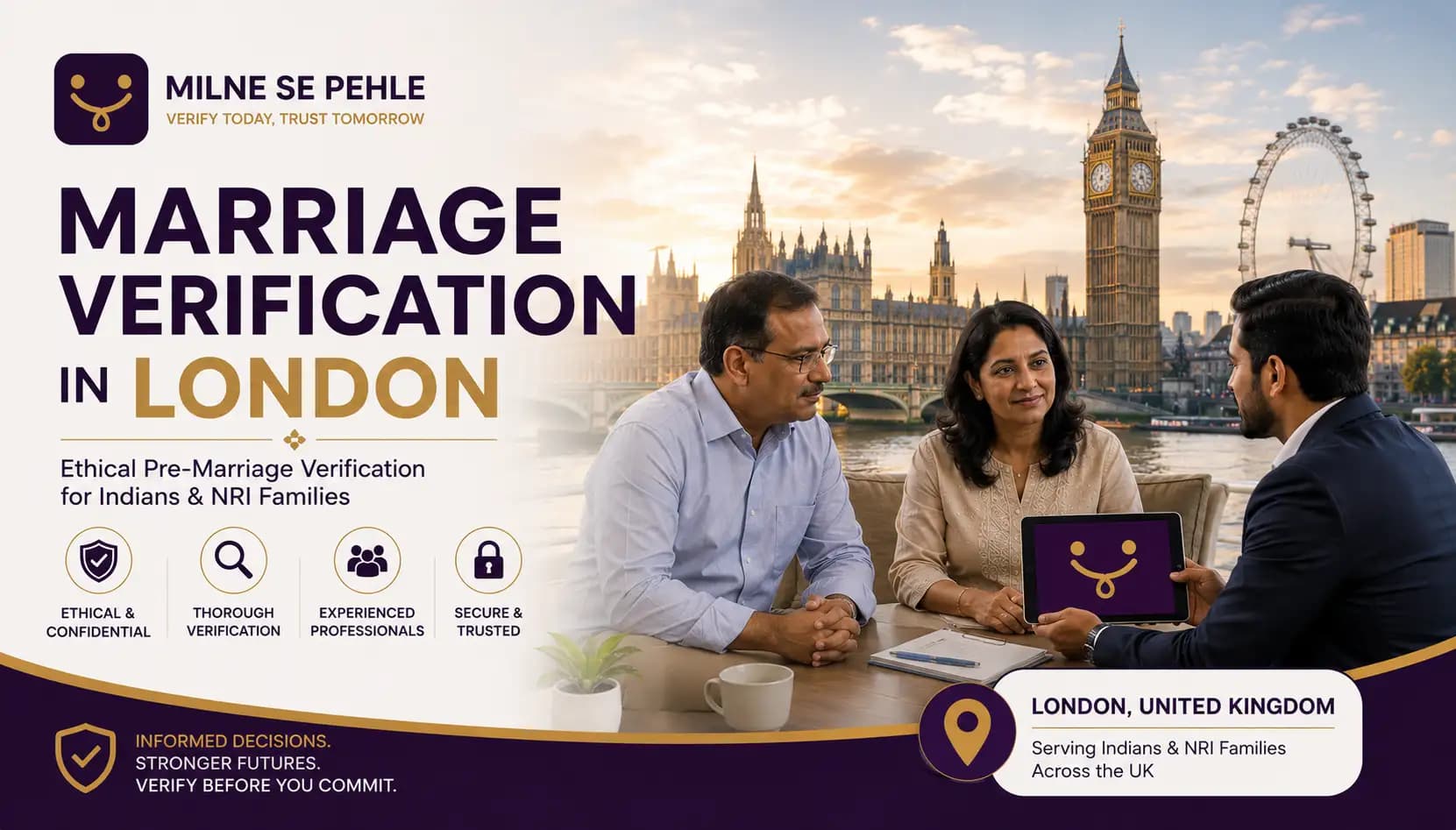 Indian and NRI families discussing marriage verification in London before finalizing a marriage proposal
