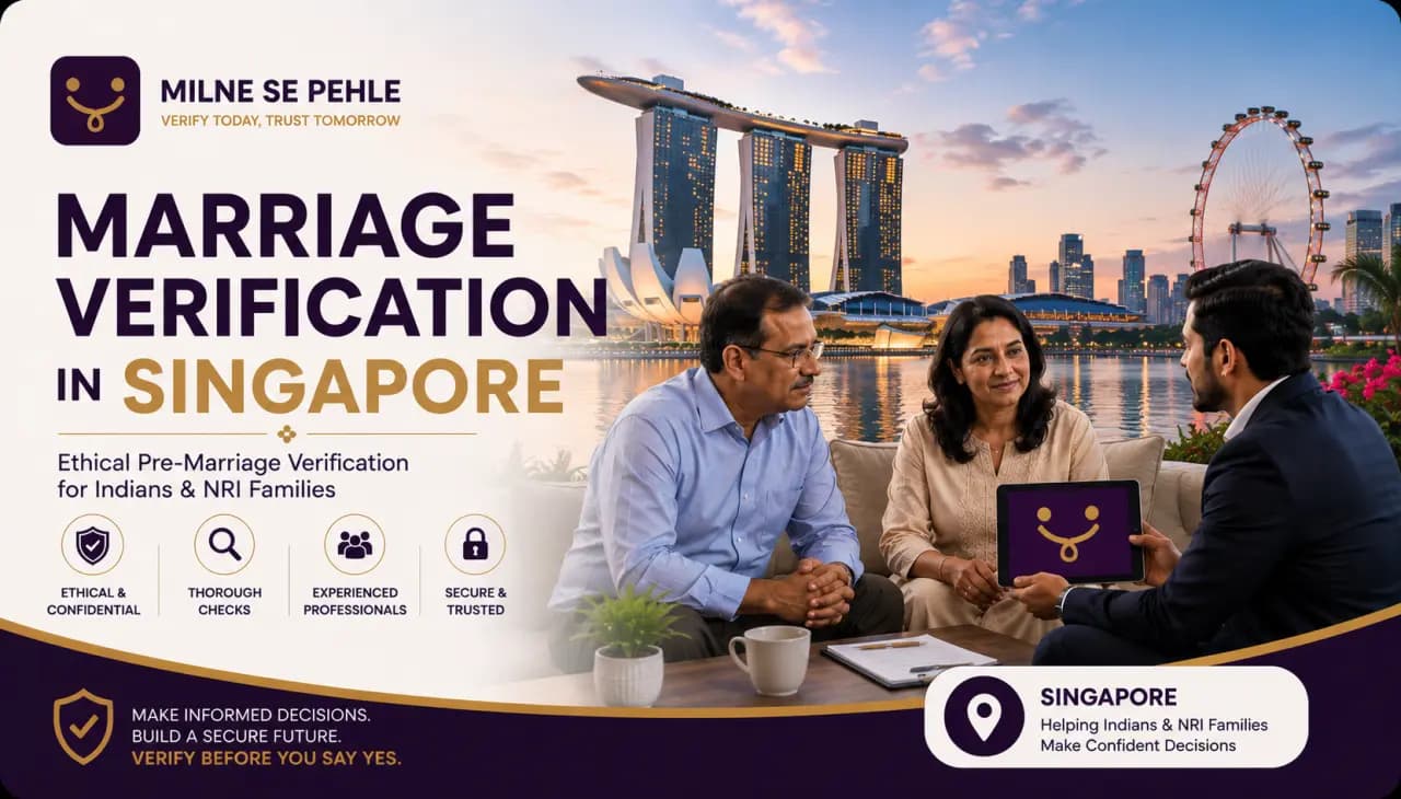 Indian and NRI families discussing marriage verification in Singapore before finalizing a marriage proposal